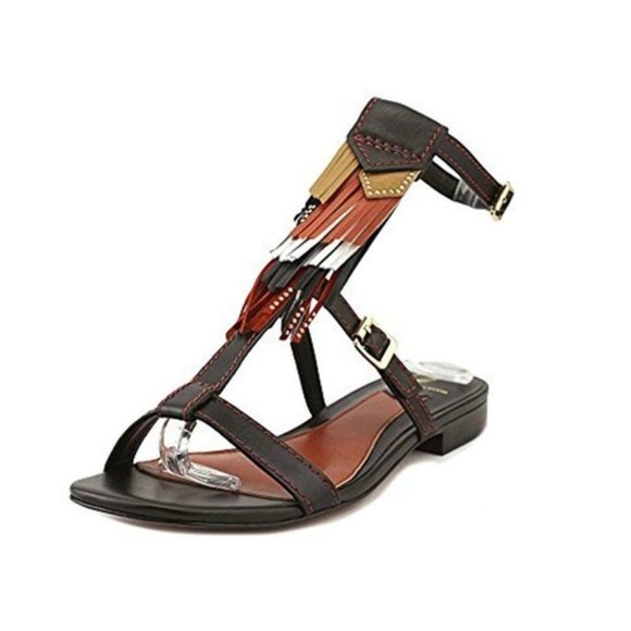 B Brian Atwood Rust Multi-Color Fringe Design Buckle Flat Sandals Size 6M - Picture 1 of 3